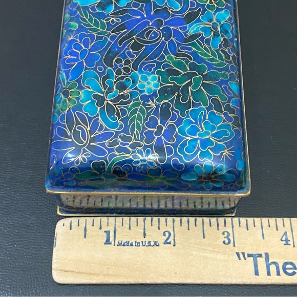 Vintage Chinese Cloisonne Blue Enamel Floral Hinged Trinket Box - Picture 7 of 16